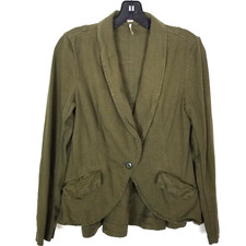 FREE PEOPLE Women Linen Blend Blazer Sz XS Moss Green One Button Boho Pockets