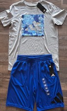 NWT Adidas Boys YLG Gray/Royal Blue/Light Blue Basketball Shorts Set Large