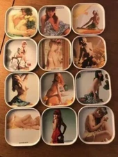 12 pcs : Rare!! Vintage!! 60s? Tin Coaster - Suntory : Naked Photos - New in Box