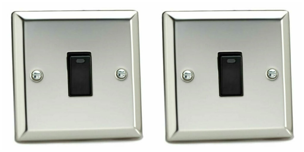2 x Varilight XC20NB Double Pole Switch with Neon 20A Mirror Chrome Black Insert