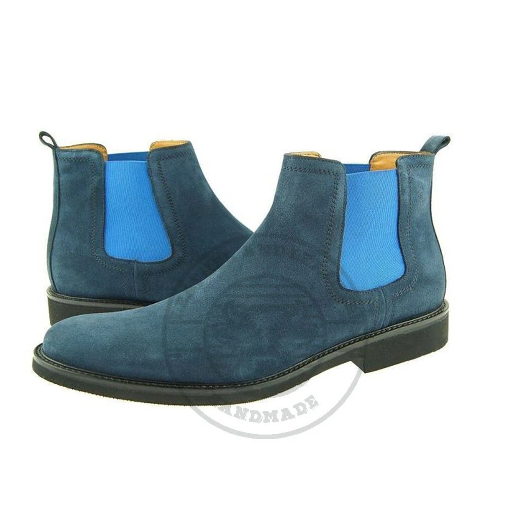 Blue Color Suede Leather Chelsea Jumper Slip Ons Party Wear Black Sole Men Boots