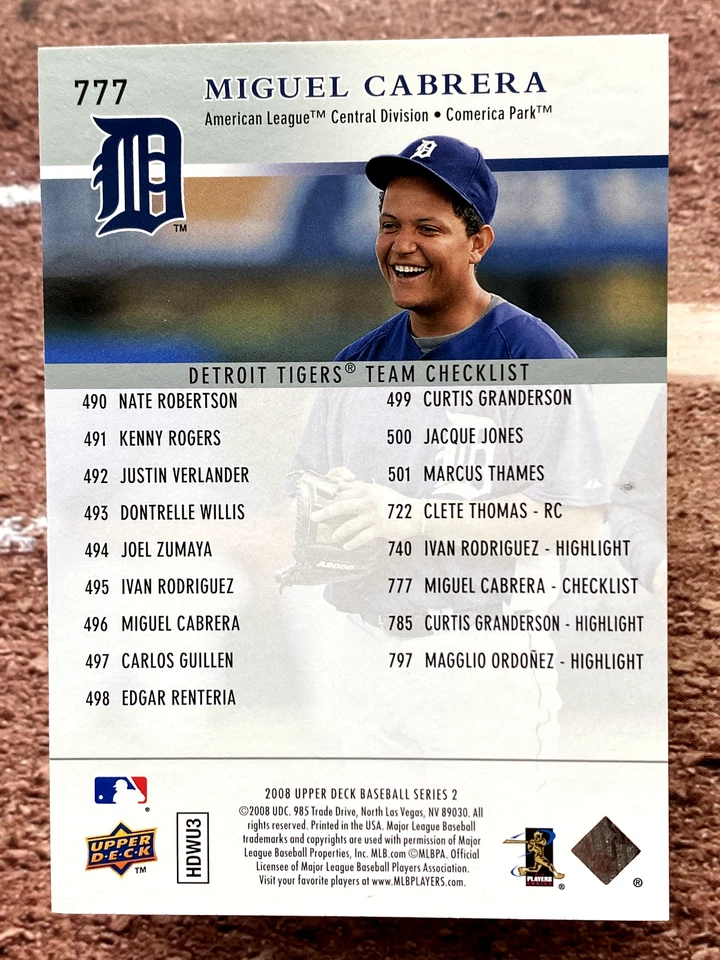 2008 Upper Deck Miguel Cabrera #777 Detroit Tigers - Image 2 of 2