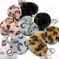 Pom Pom Keychain Leopard Print Keyring Fluffy Faux Fur Heart Cute Gift Retro