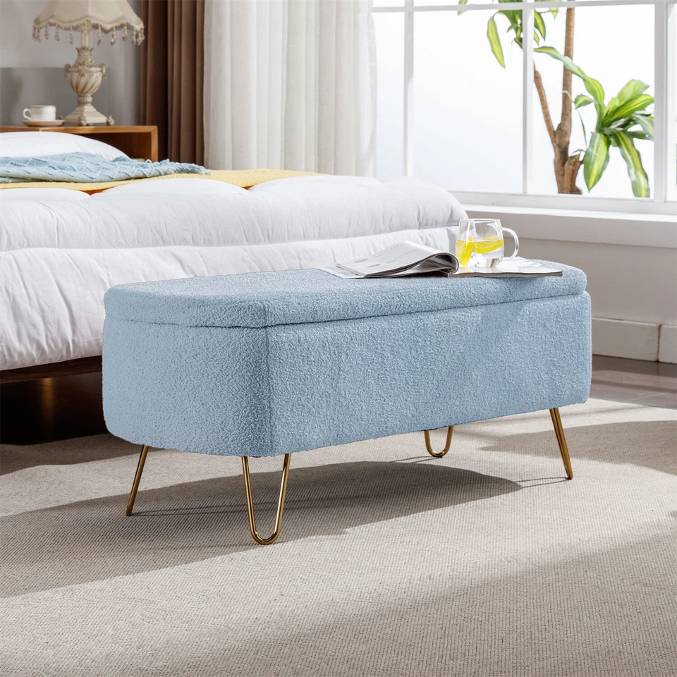 39" Storage Bench Faux Fur Upholstered Ottoman for End of Bed Footstools US - Image 2 of 4