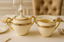 Lenox 1990s McKinley Presidential Ivory Porcelain Creamer & Sugar Set With Lid