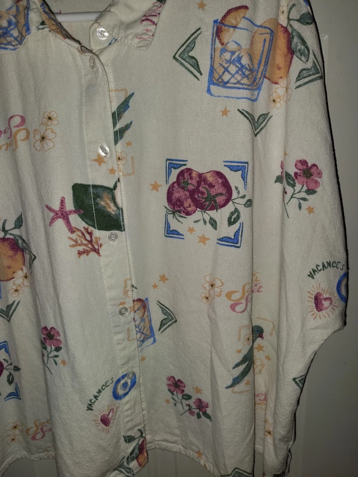 Camisa feminina Cali 1850 botão floral pássaros tropical rayon linho grande G - Imagem 4 de 4