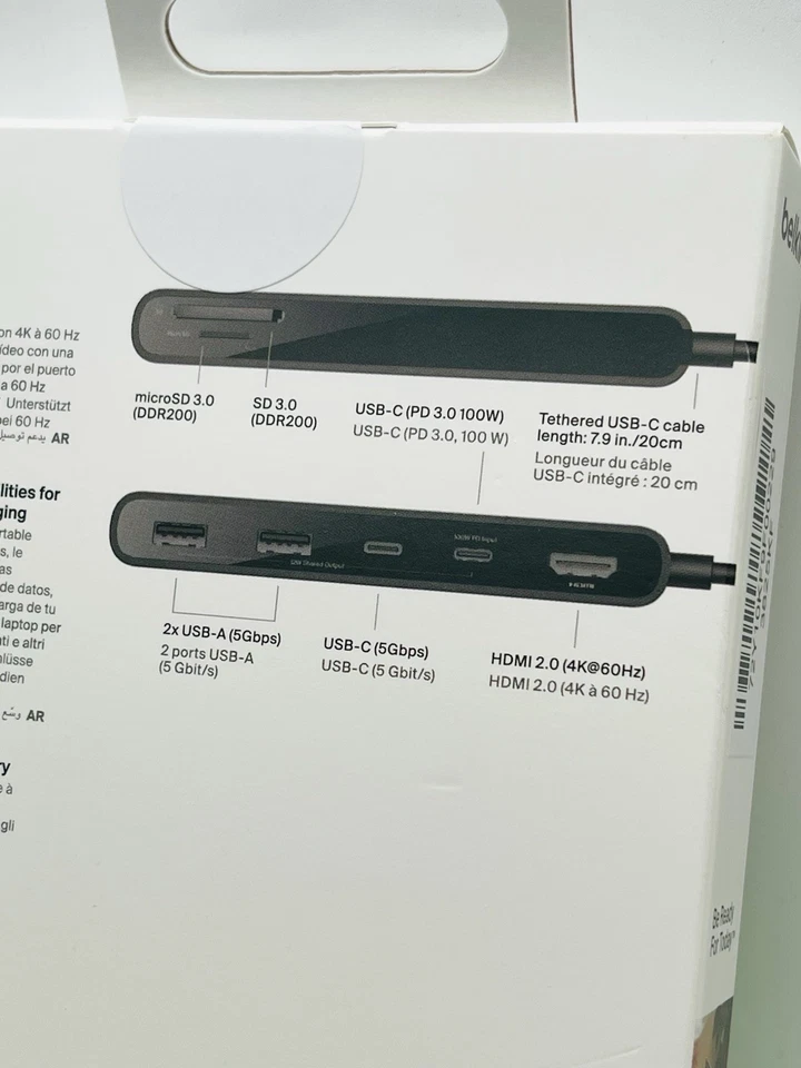 Belkin USB C 7-Port Hub 4K HDMI 2.0 Display @60Hz SD & MicroSD 100W PD 5Gbps - Image 4 of 4