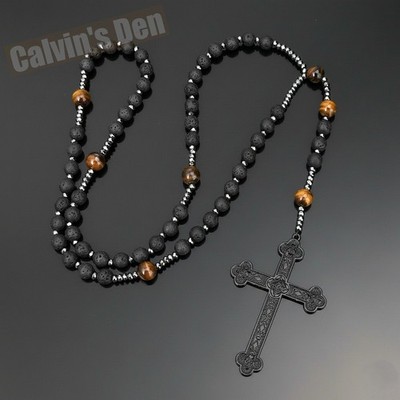 Gothic Punk Cross Pendant Lava Stone Tiger Eye Beads Rosary Necklace Men Gift