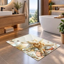 Seashell Starfish Bath Mat, Coastal Bathroom Rug, Beach House Decor