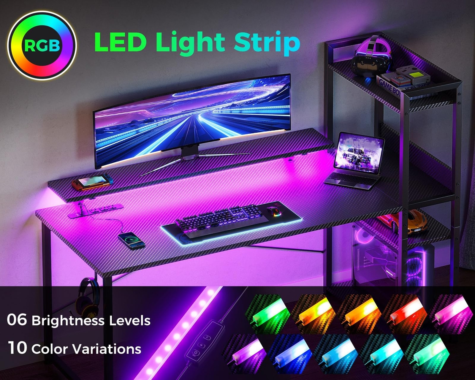 ODK Reversible Gaming Desk LED Lights, 40 Inch Computer Desk with Storage She...