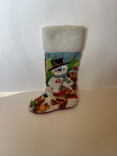 Vintage needlepoint christmas stocking With Snowman And Teddy Bears