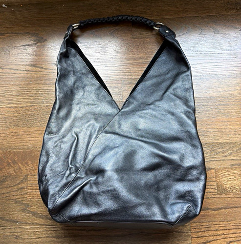 Vince Camuto Black Pebbled Hobo Shoulder Bag Braided Accents Silver Lined