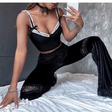 Crushed Velvet Bell Bottom Flare Stretch HR Witchy Whimsygoth Vampires Pants Med