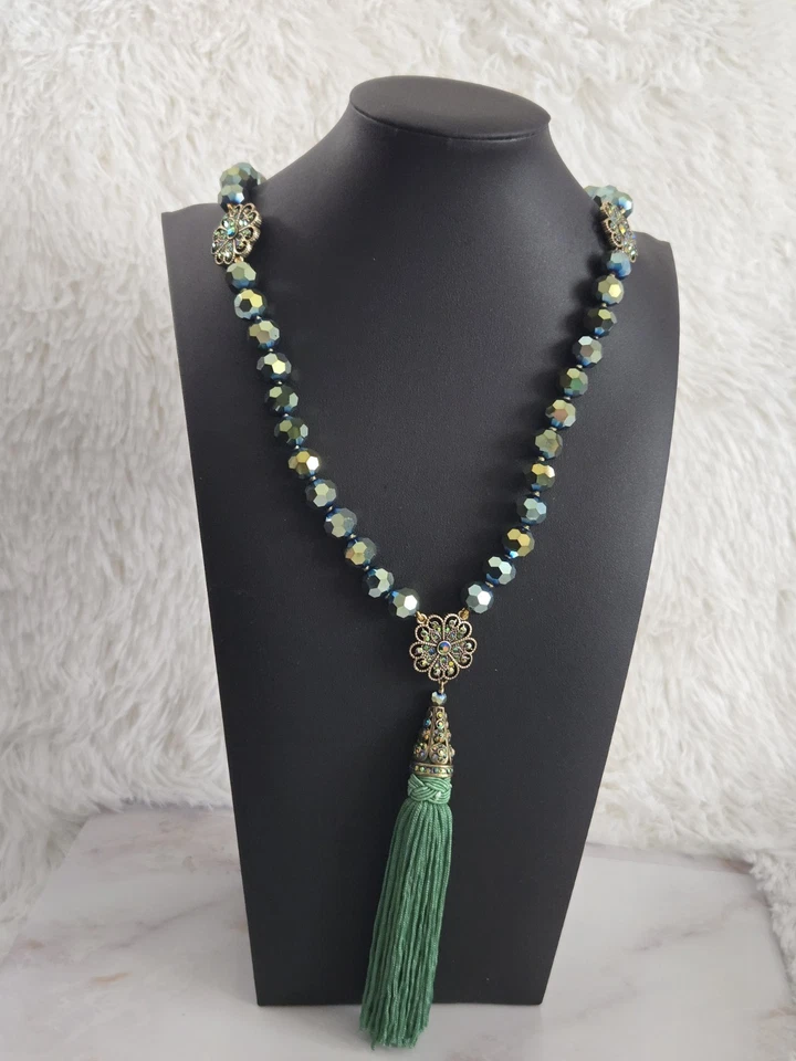 Heidi Daus Peacock Glass Beaded Tassel Necklace AB Crystal Floral Statement Gold - Image 3 of 4