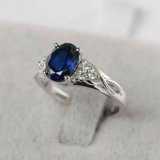 14K White Gold Plated Oval Sapphire Lab-Created Diamond Women Engagement Ring