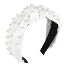 White Pearl Headband for Women, Wide Padded Knotted Hair Band with Faux Pearls E