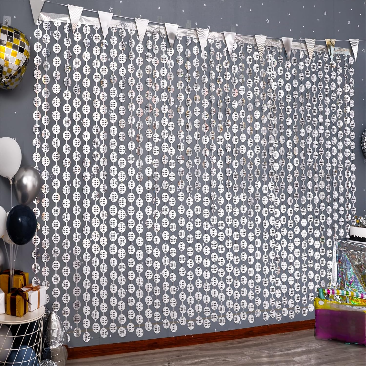 2 Pack 3.3x6.6 Ft Silver Disco Ball Photo Booth Props for Party Decorations