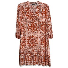 Mlle Gabrielle Orange White Geometric Floral Tile Print Ruffle Shift Dress M