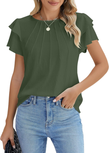 Women Dressy Casual Tops Business Work Blouses Summer Shirts Short Sleeve Crew N