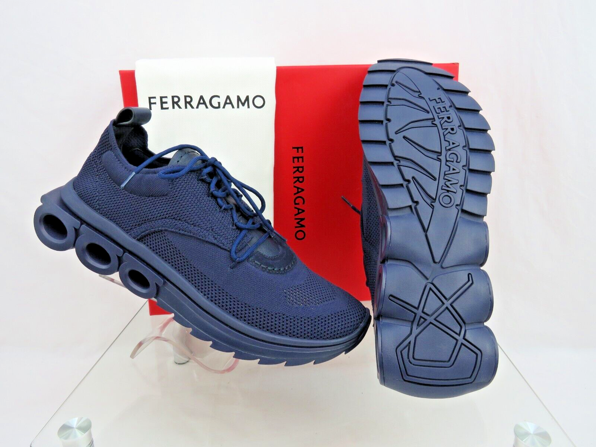 ドナ $1K NIB FERRAGAMO DARK BLUE NIMA KNIT MESH LOGO LOW TOP SNEAKERS 9