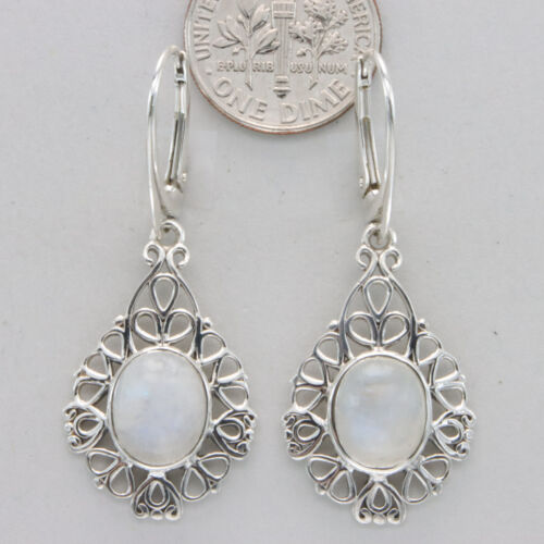 925 Sterling Silver - Oval Rainbow Moonstone Leverback Earrings Natural Gemstone - Picture 2 of 8