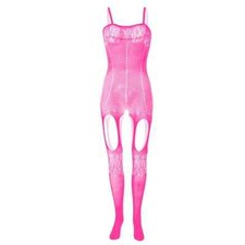 Fishnet One Piece Pink Body Stocking Open Crotch Design Women's One Size