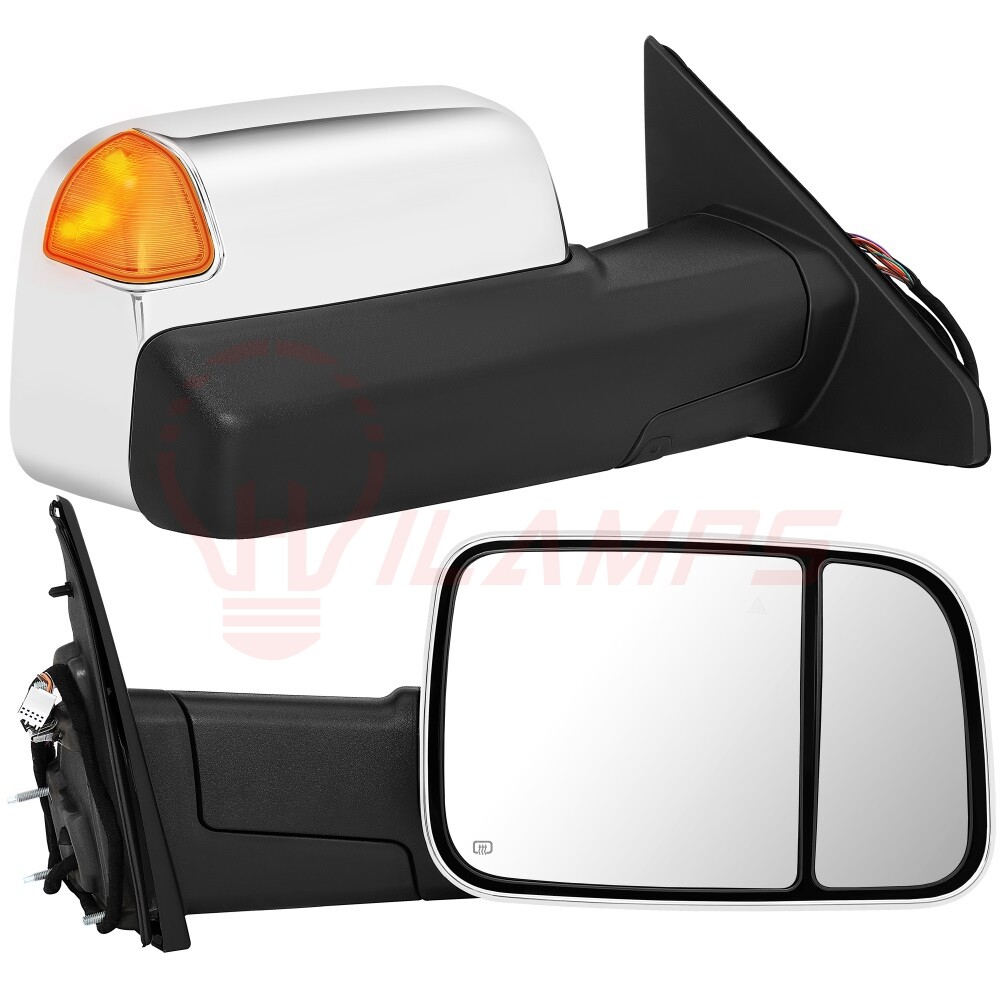 For 2019-2022 Dodge Ram Power Heated Turn Signal Chrome Tow Mirrors RH + LH Side
