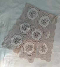 vintage floral runner gray crochet 15x43" minor damage