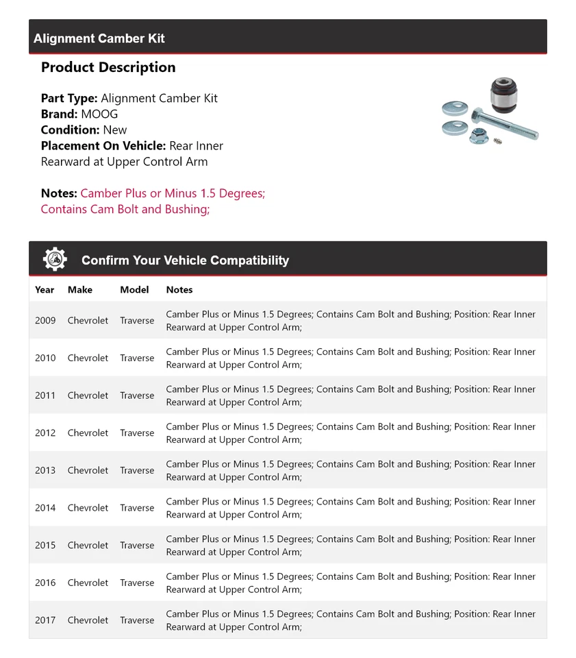 Kit de inclinación de alineación para Chevrolet Traverse 2009-2017 MOOG 2009 2010 2011 2012 Foto 2 de 4