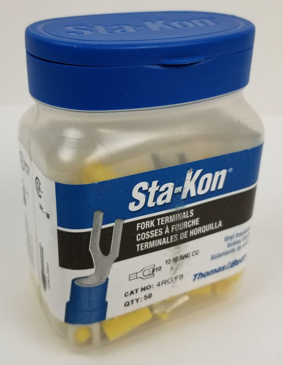 50 Sta-Kon Fork Terminal 10RC-10F 4RGY8 #10 Stud Ins. Yellow 50 Sta-Kon Fork Terminal 10RC-10F 4RGY8 #10 Stud Ins. Yellow
