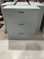3Dr 36"Wx18"Dx41"H lateral file cabinet by Teknion in Gray Metal w/ key  frames