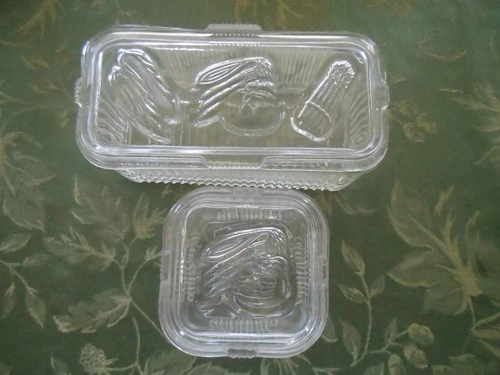 Clear Glass Refrigerator Dishes, Vintage, Med & Sm Both w/Lids, Vegetable Design
