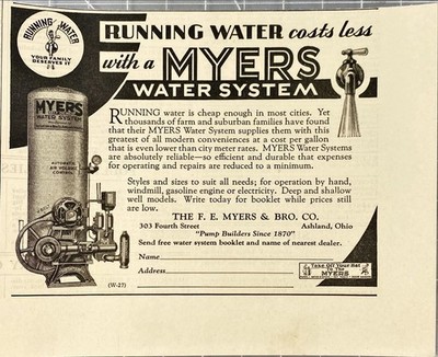 Myers Water System ''Running Water Costs a Lot Less'' Vintage Print Ad 1936