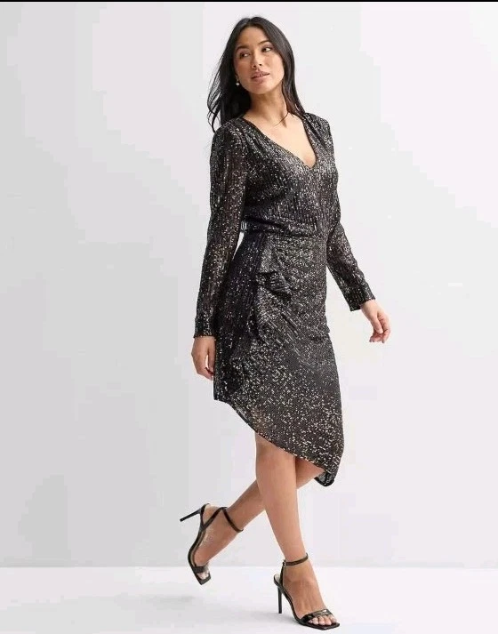 Novo Vestido Midi London Times Lantejoulas Ouro Preto Bainha Assimétrica Envoltório Falso Tamanho 16 - Imagem 2 de 4