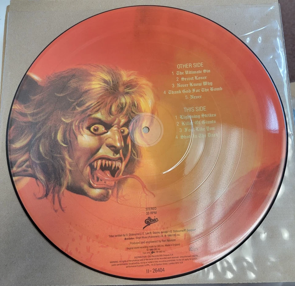 OZZY OSBOURNE Ultimate Sin PIC DISC UK LP AUTOGRAPHED By JAKE LEE PHIL SOUSSAN - Image 2 of 2