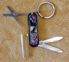 Mini Multi-Tool Keychain Pocket Knife – Skull Art w/ Stars & Stripes – 7 Tools