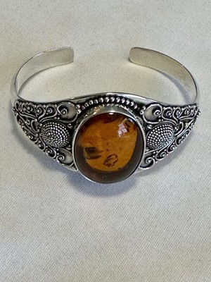 Schweres 925 Sterling Silber Armreif Armband mit Rauchtopas Stein