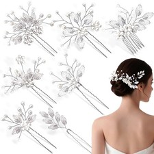 Silver Bridal Wedding Hair Accessories Pins Crystal Pearl Clips Flower 7 PCS