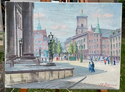 Oil painting on canvas A. E. Wilmar 1913-1989 city scene Copenhagen  Arte Arte