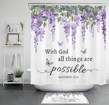 Bible Verse Nature Butterfly Purple Floral Shower Curtain Set for Bathroom Decor