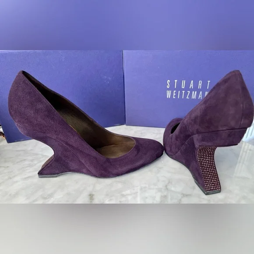 Stuart Weitzman Studded Concorde Grape Suede Leather Wedge Heel Shoes US 9 NEW! - Picture 9 of 14