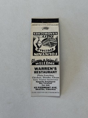 Warrens Restaurant Bristol Virginia Vintage Matchbook Cover F2