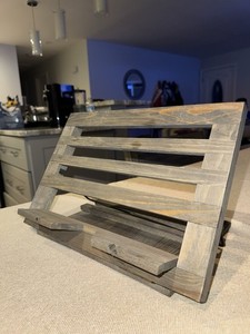 Gray Wooden Book Stand/Cookbook Holder w/ Metal Support, Adjustable Foldable