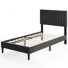 Twin Size Bed Frame with Vertical Channel Tufted Headboard Wooden Slats