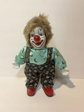 Clown Porcelain Doll in Colorful Outfit 9" Fun Hair Red Nose Shoes Vintage