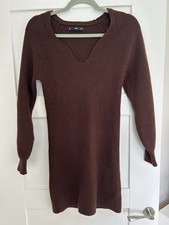Mango MNG Women Brown V Neck Long Sleeve Knitted Jumper Dress Size S