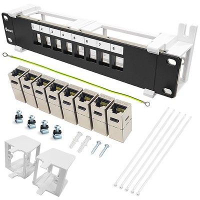 8 Port Patch Panel Keystone Coupler CAT6A Shielded Wall Mount 10 Inch Bracket