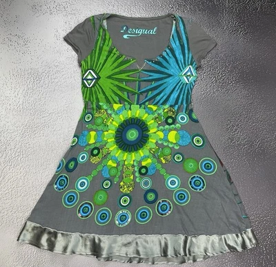 Desigual Damen grau geometrisches kurzärmeliges 100 % Baumwolle Kleid Größe L... - Bild 1 von 4