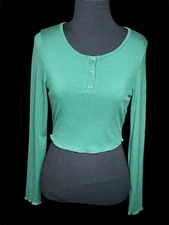 Crew Neck Women’s S Cropped Long Sleeve Top Green Ruffle Trim Preppy Tennis