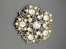 STAR White Rhinestones  Faux Pearls Brooch Open Filigree Snowflake Winter Pin